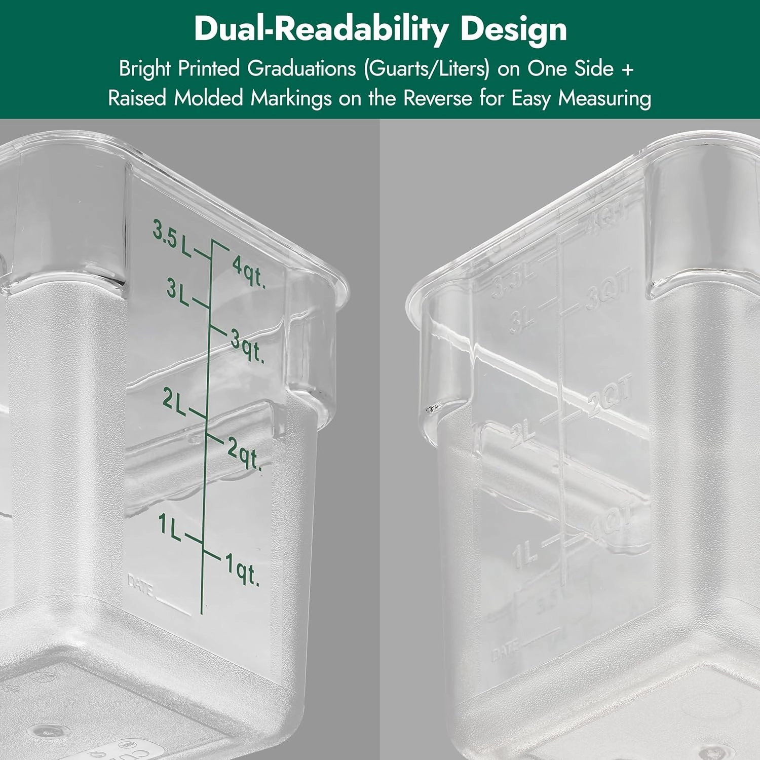 CURTA 4 Pack Food Storage Container with Green Lid - NSF Commercial Grade in 4.0 Qt - Square, Clear, Polycarbonate