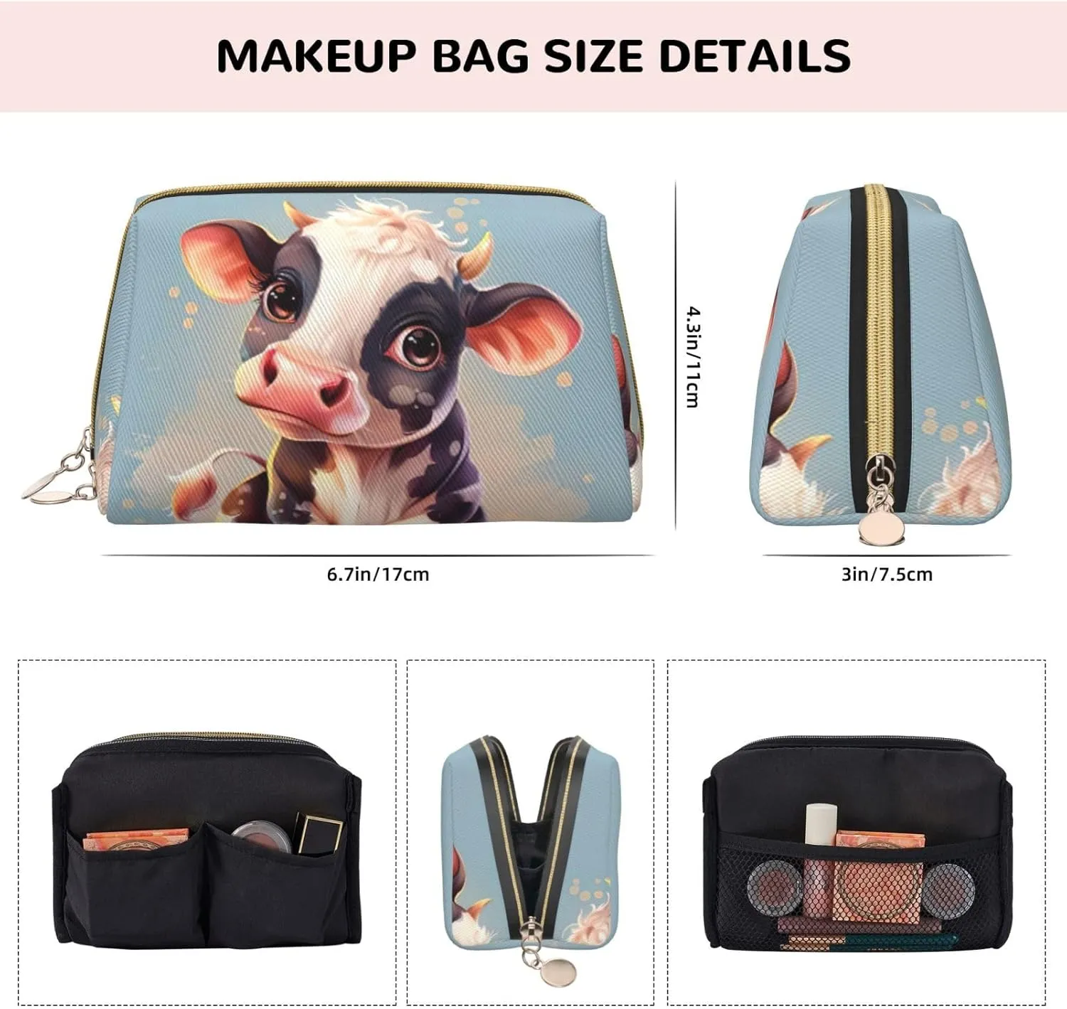 Cute Cow Toiletry Pouch, Travel-Friendly Makeup Organizer For Makeup Brushes, Lipsticks