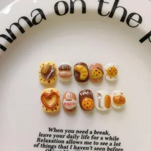 Cute Handmade Press on Nails Extra Short Square 3D Unique Reusable ABS Material Fake Nails Luxury Breakfast False Nails with Designs Bread Pizza Bread Art Glossy Glue on Nails Thick Acrylic Nails(M)