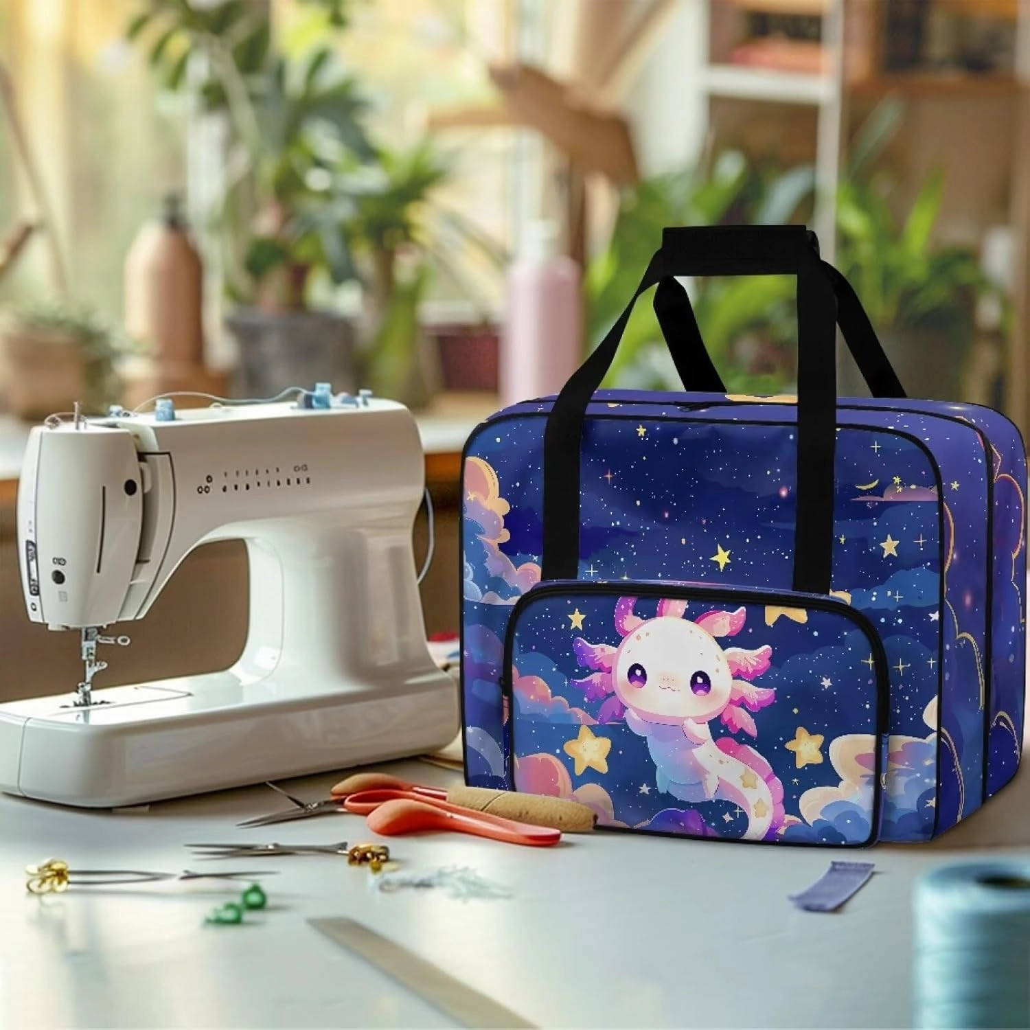 Cute Axolotl Sewing Machine Bag Universal Sewing Machine Carrying Case Travel Storage Bag with Handle Sewing Machine Case for Brother, Singer & Most Machines (Bag Only)