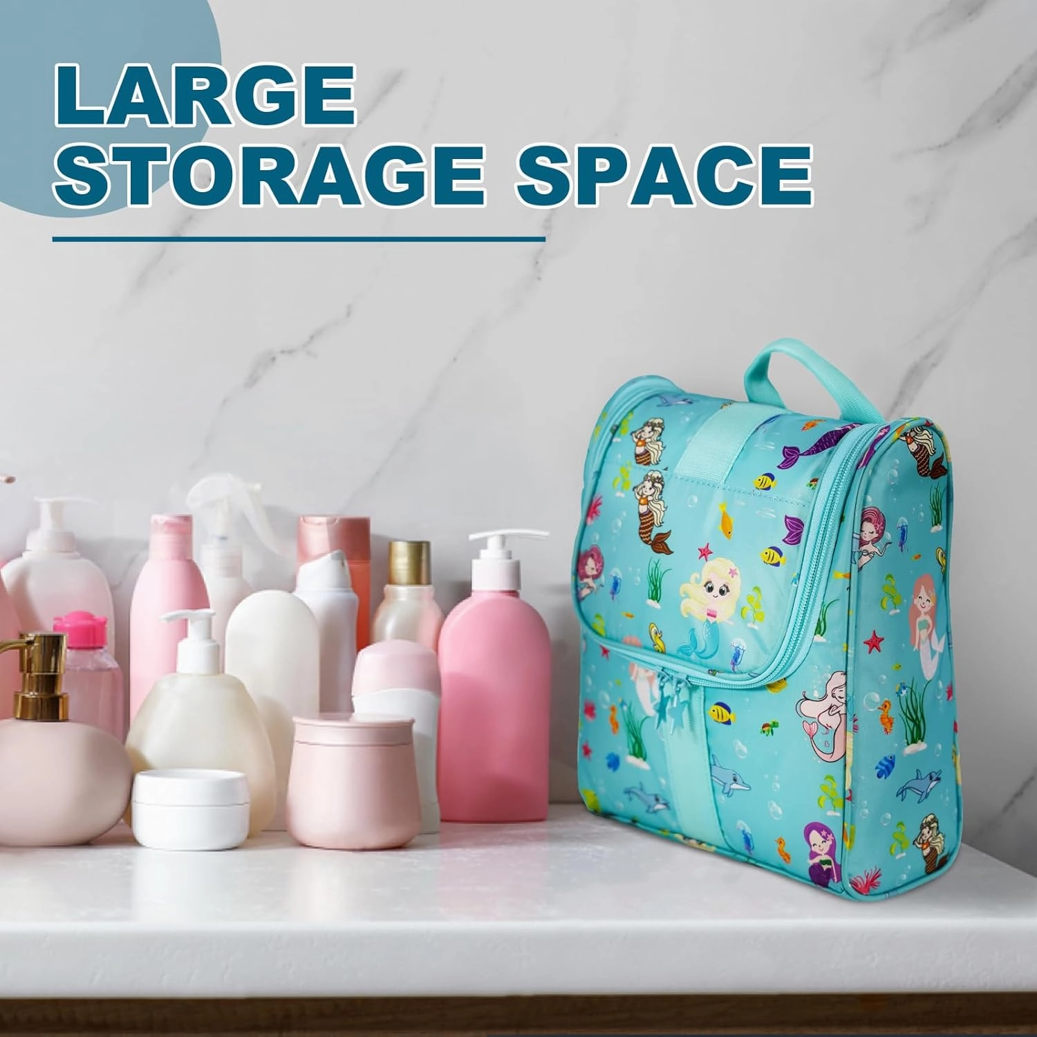 Cute Cartoon Hanging Kids Toiletry Bag Children Travel Cosmetic Makeup Organizer Wash Bag Shower bag Over Night Bag Camping Shaving Kit Bag for Boys & Girls (Mermaid)
