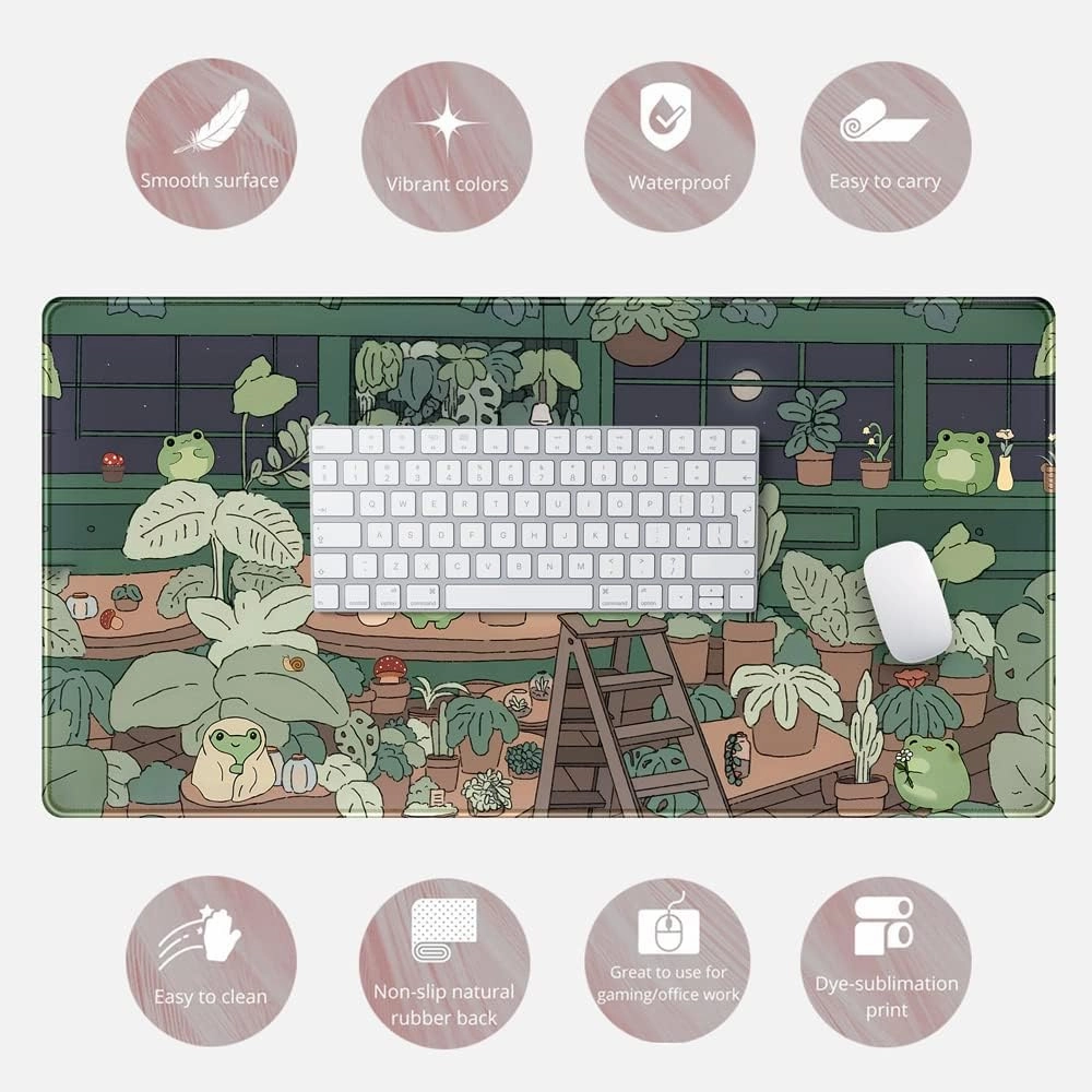 Cute Frog Kawaii Green Desk Decor Mat, Large Gaming Mouse Pad for Computer Keyboard Laptop, Home Office Accessories for Girl (31.5x15.7 in)-with Stitched Edges Pad