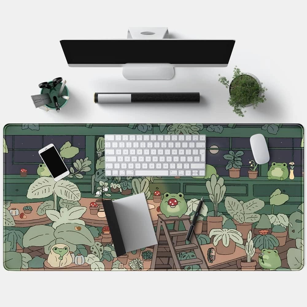 Cute Frog Kawaii Green Desk Decor Mat, Large Gaming Mouse Pad for Computer Keyboard Laptop, Home Office Accessories for Girl (31.5x15.7 in)-with Stitched Edges Pad