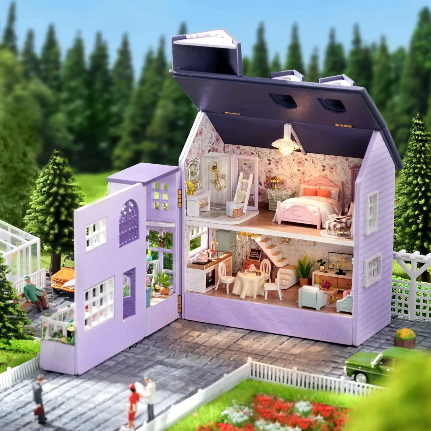 CUTEROOM Dollhouse Miniature with Furniture, DIY Wooden Dollhouse Kit Plus LED Lights, Creative Room for Valentine's Day Gift Idea (D032)