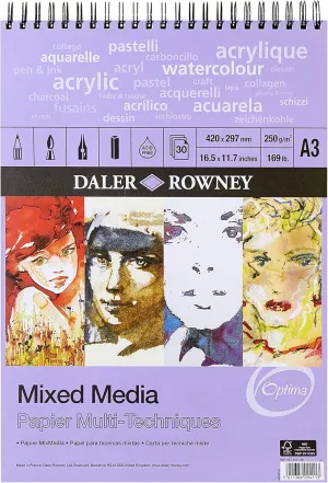 Daler-Rowney Optima Lightly Textured 250gsm A3 Mixed Media Paper Spiral Pad, 30 White Sheets, Ideal for Professional Artists & Students