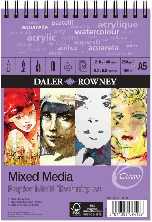 Daler-Rowney Optima Lightly Textured 250gsm A5 Mixed Media Paper Spiral Pad, 30 White Sheets, Ideal for Professional Artists & Students