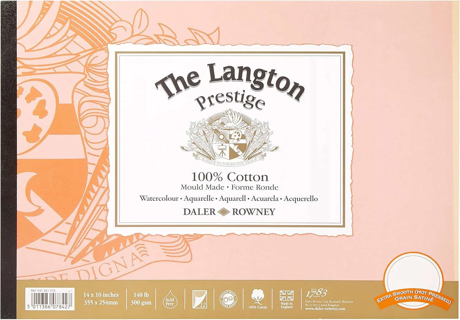 Daler-Rowney The Langton Prestige Hot-Pressed Watercolour & Gouache 300gsm 14x10in Paper Pad, Glued 1 Side, 12 Natural White Sheets, Ideal for Professional Artists & Students