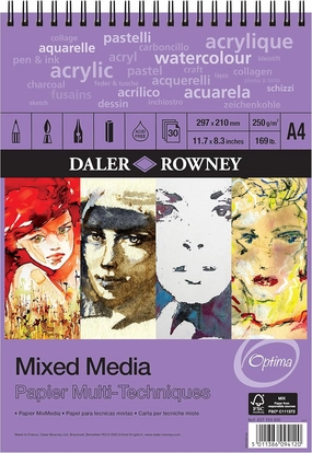 Daler-Rowney Optima Lightly Textured 250gsm A4 Mixed Media Paper Spiral Pad, 30 White Sheets, Ideal for Professional Artists & Students