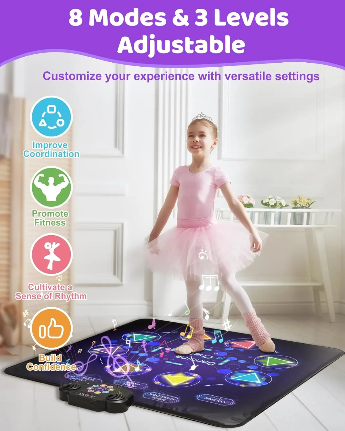 Dance Game Mat for Kids, LED Light-Up 8-Button Dance Pad with Adjustable Volume, Built-in Music, Bluetooth Function, 8 Modes and 3 Difficulty Levels, for Kids Age 3-12
