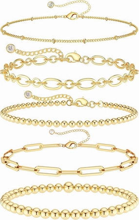 DEARMAY Waterproof Gold Bracelets Set for Women Trendy, Dainty 14K Real Gold Plated Jewelry Fashion Stackable Tennis Beaded Figaro Herringbone Paperclip Link Bracelet Pack Stack Gifts for Women
