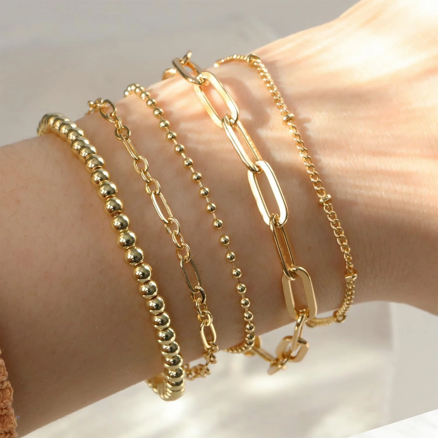 DEARMAY Waterproof Gold Bracelets Set for Women Trendy, Dainty 14K Real Gold Plated Jewelry Fashion Stackable Tennis Beaded Figaro Herringbone Paperclip Link Bracelet Pack Stack Gifts for Women