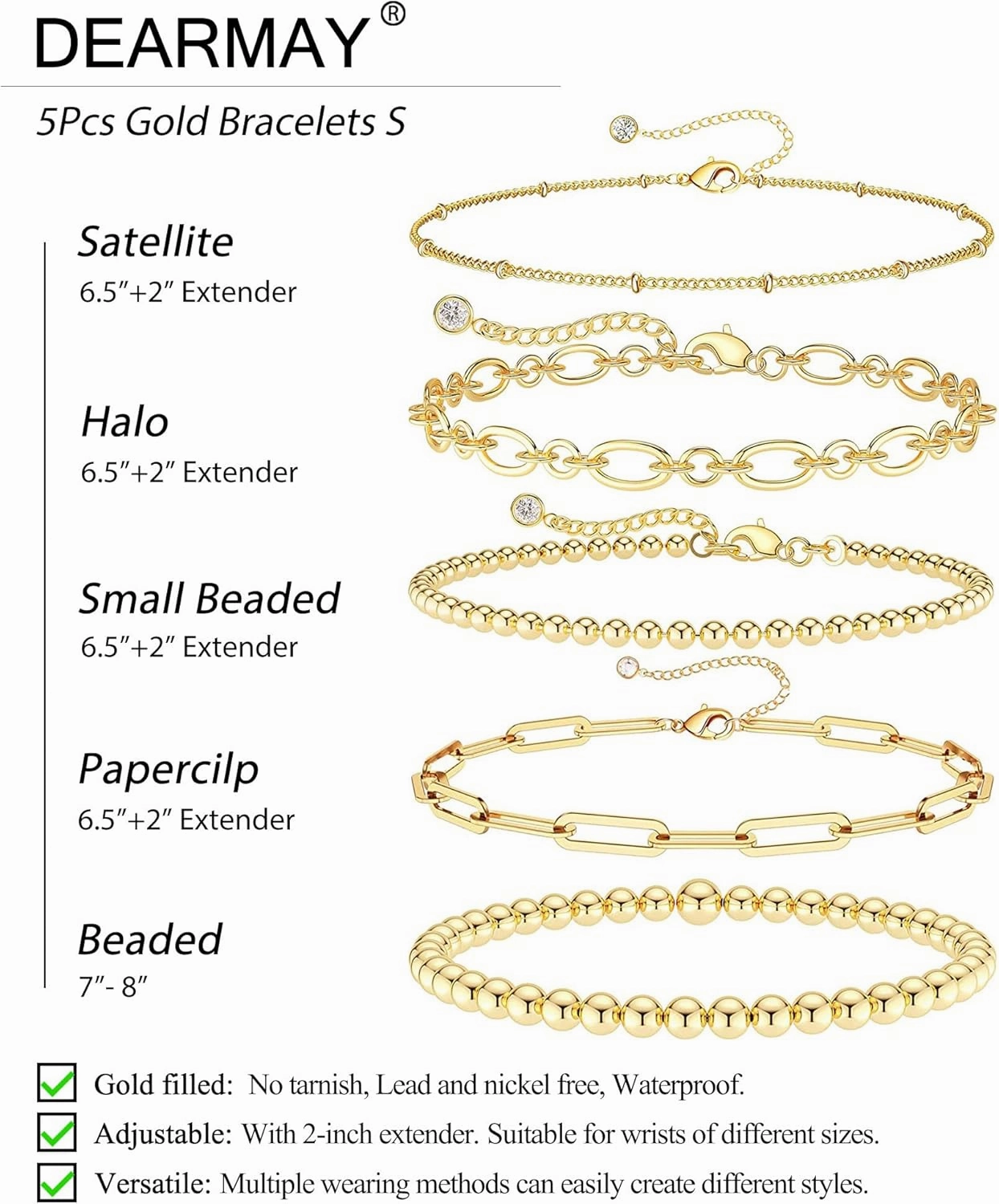 DEARMAY Waterproof Gold Bracelets Set for Women Trendy, Dainty 14K Real Gold Plated Jewelry Fashion Stackable Tennis Beaded Figaro Herringbone Paperclip Link Bracelet Pack Stack Gifts for Women