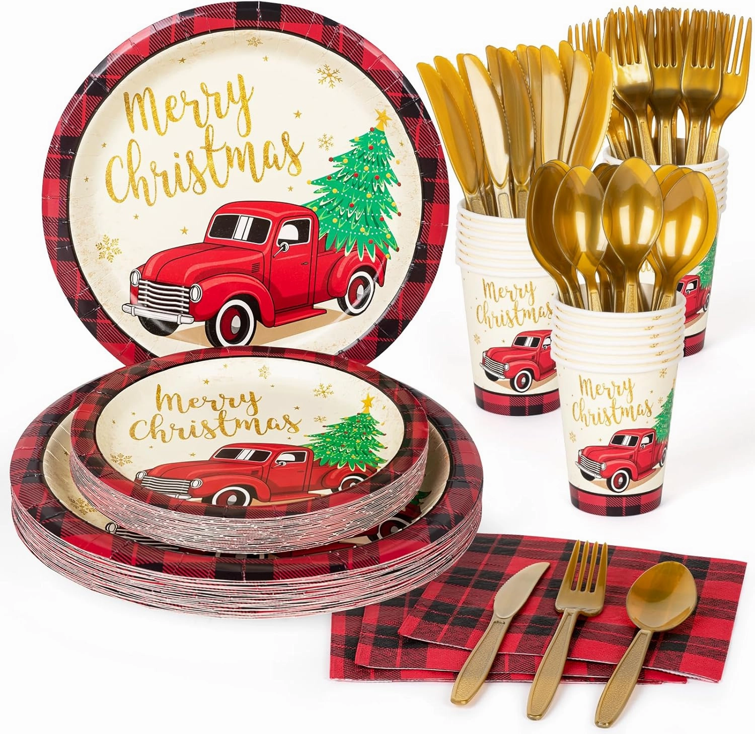 DECORLIFE Large Christmas Plates Serves 24, Christmas Paper Plates, Cups, Buffalo Plaid Napkins, Cutlery Included for Xmas Party, Total 168PCS