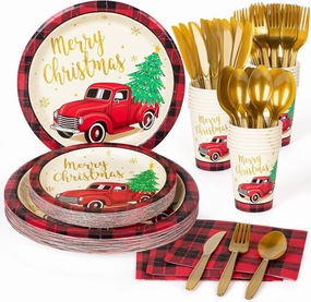 DECORLIFE Large Christmas Plates Serves 24, Christmas Paper Plates, Cups, Buffalo Plaid Napkins, Cutlery Included for Xmas Party, Total 168PCS