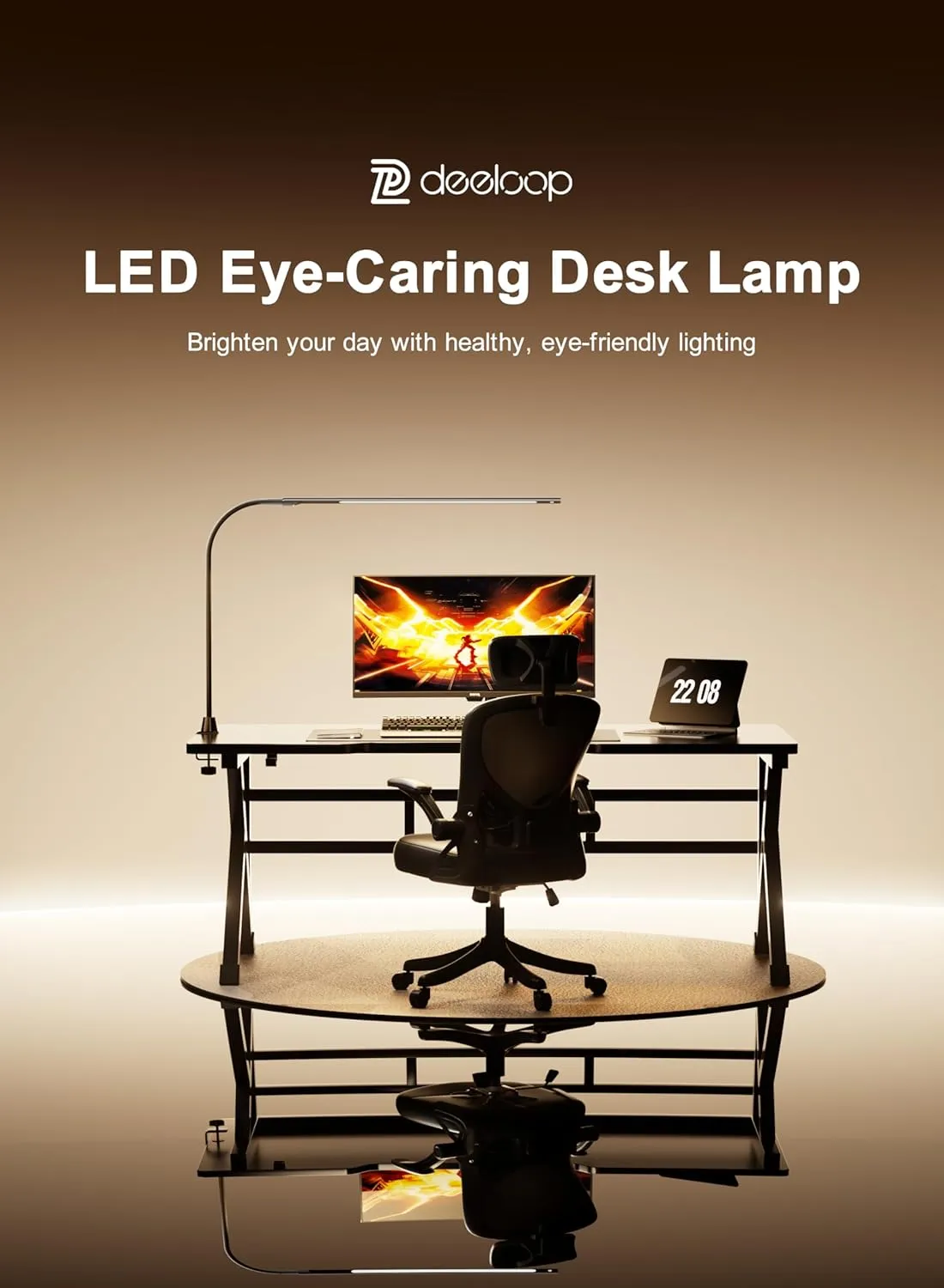 deeloop CRI 95  LED Desk Light,16 Inches Ultra-Long Bright Desk Lamp, 5 Brightness Dimming 4000K Office Lamp with 360° Gooseneck Clamp Light for Home Office Working Black