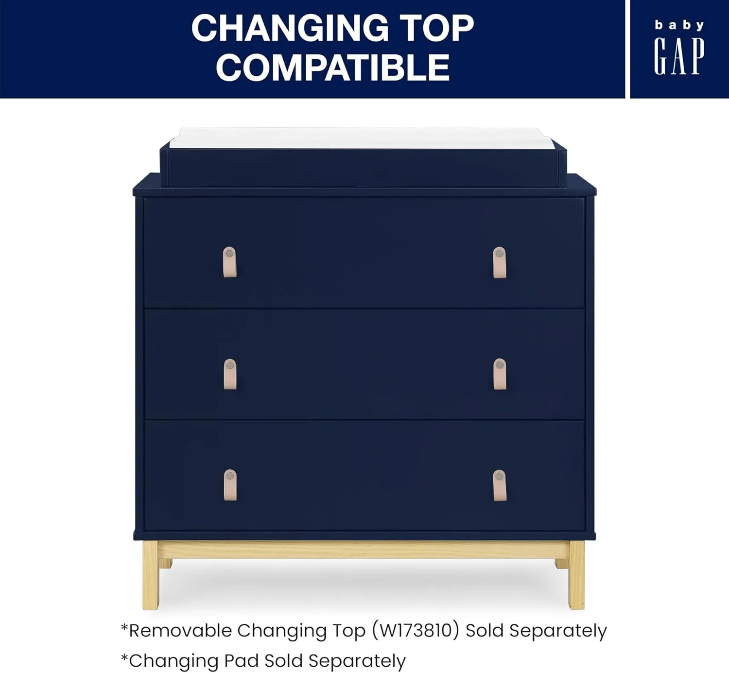 Delta Children babyGap Legacy 3 Drawer Dresser with Leather Pulls and Interlocking Drawers, Navy/Natural