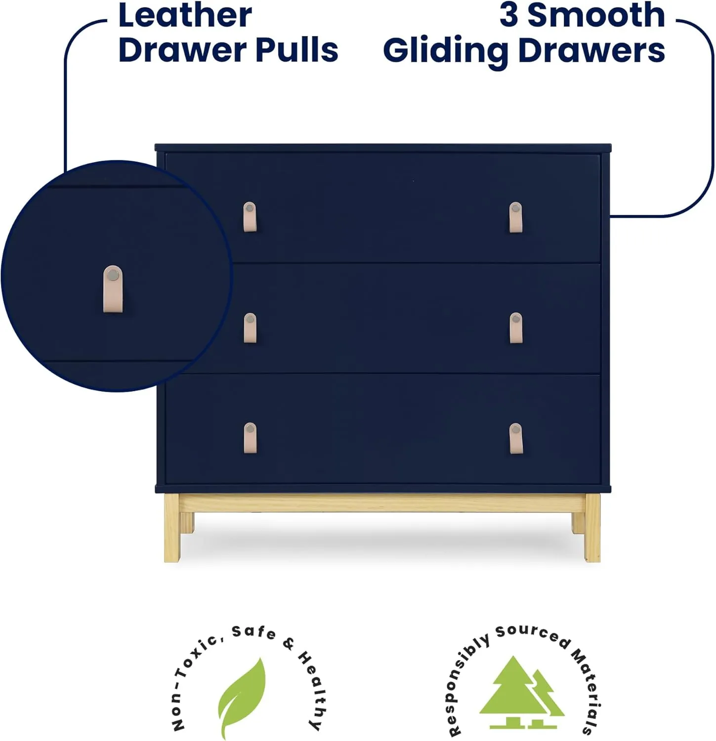 Delta Children babyGap Legacy 3 Drawer Dresser with Leather Pulls and Interlocking Drawers, Navy/Natural