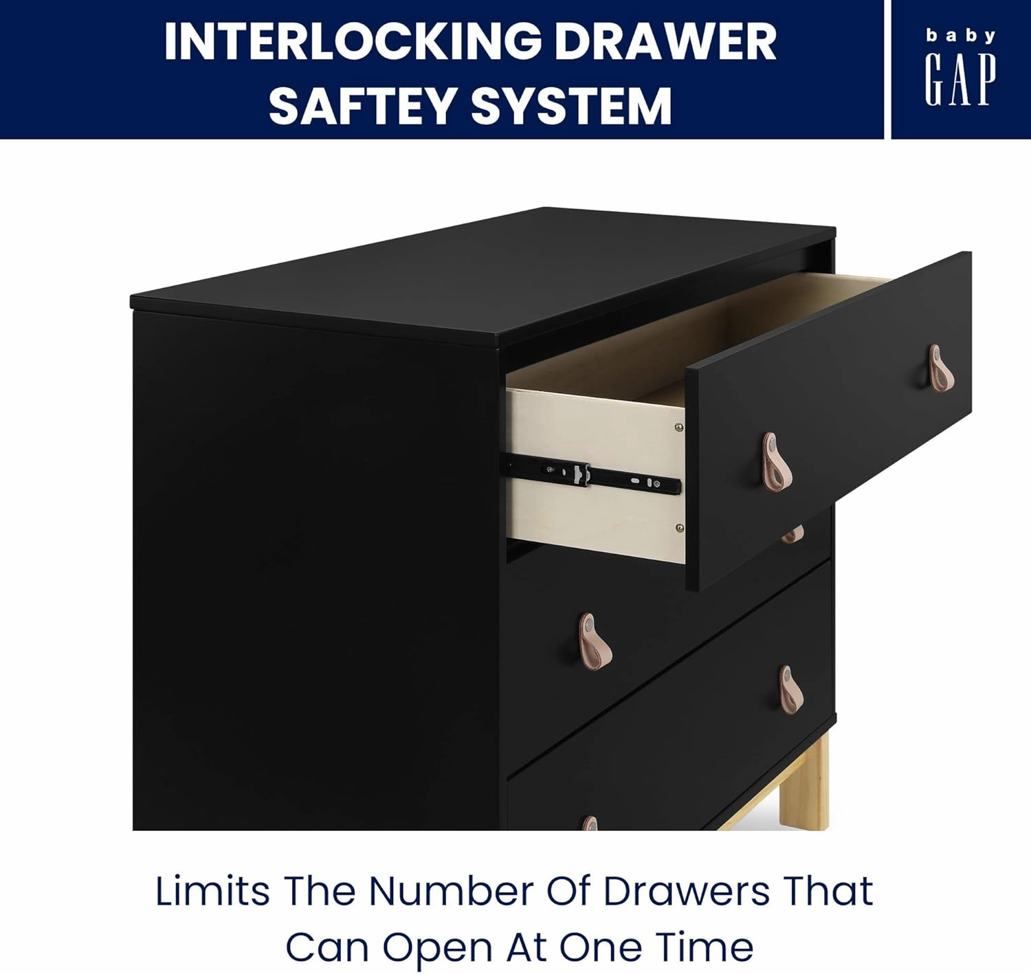 Delta Children babyGap Legacy 3 Drawer Dresser with Leather Pulls and Interlocking Drawers, Ebony/Natural