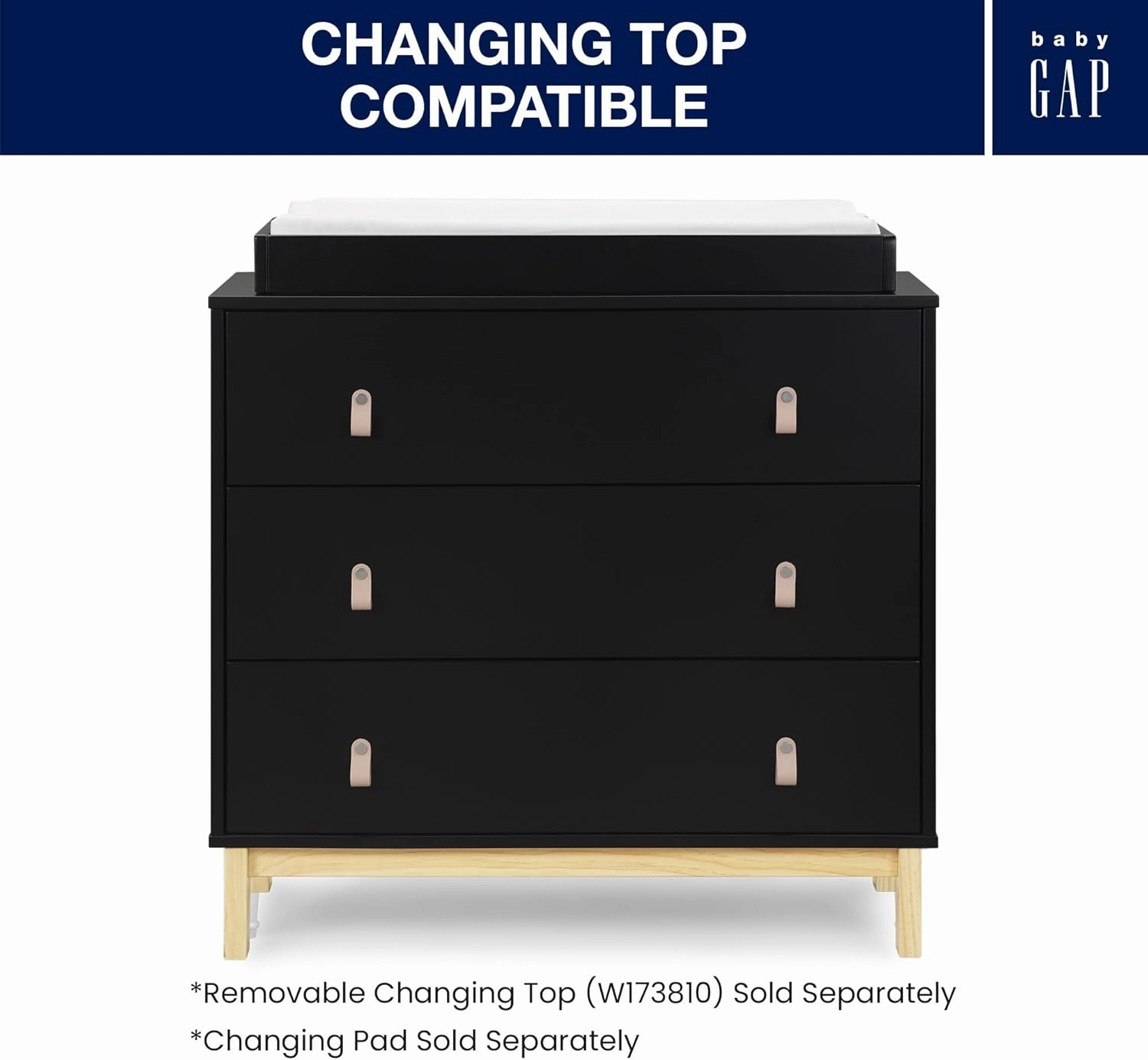 Delta Children babyGap Legacy 3 Drawer Dresser with Leather Pulls and Interlocking Drawers, Ebony/Natural