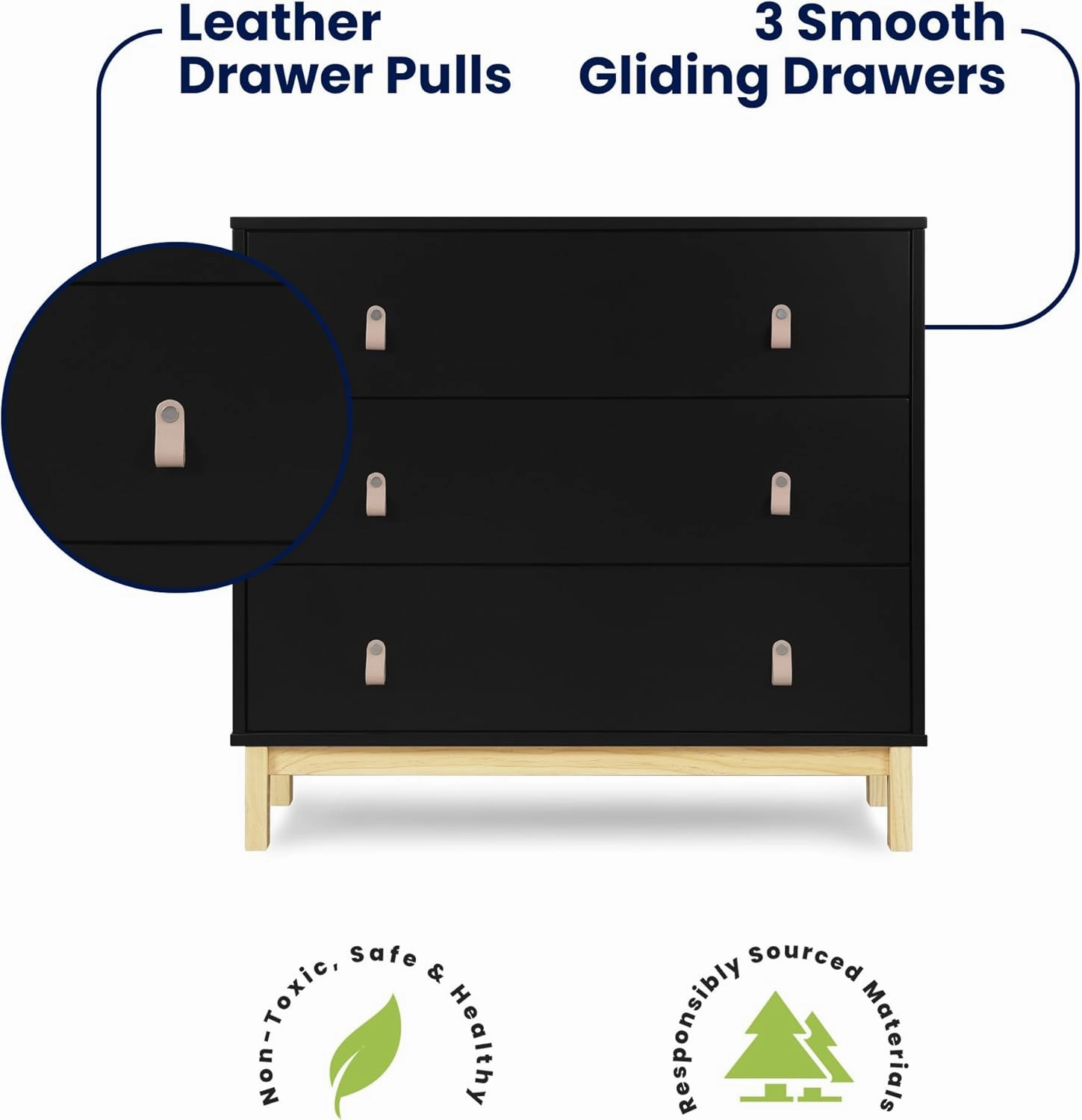 Delta Children babyGap Legacy 3 Drawer Dresser with Leather Pulls and Interlocking Drawers, Ebony/Natural