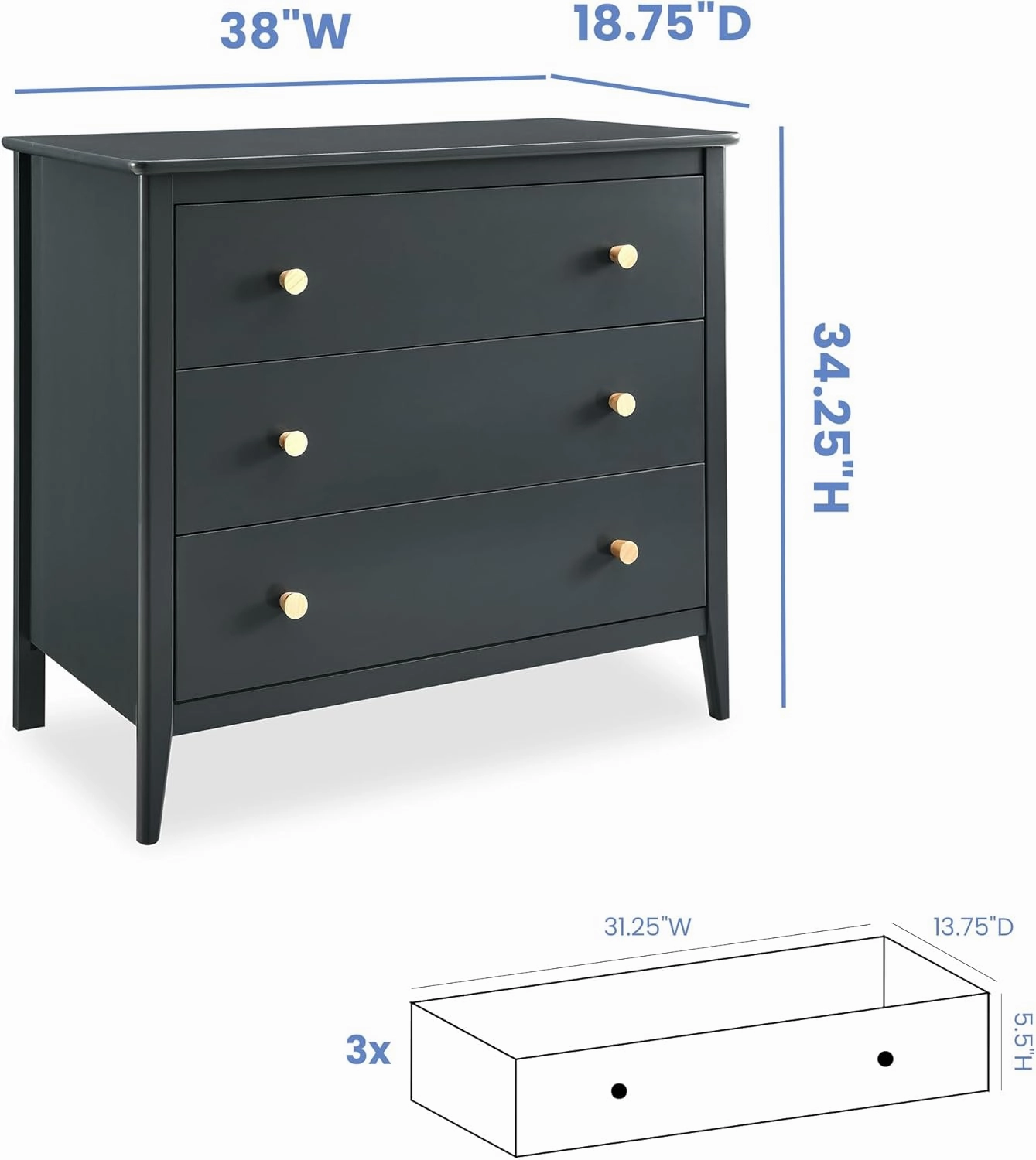 Delta Children Callum 3 Drawer Dresser, Charcoal Grey/Natural