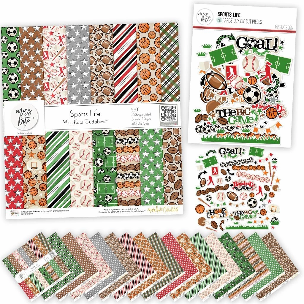 Die Cuts & Paper Set - Sports Life - by Miss Kate Cuttables - 16 Single - Sided 12"x12" Premium Specialty Paper Sheets & Over 60 Coordinating Die Cuts