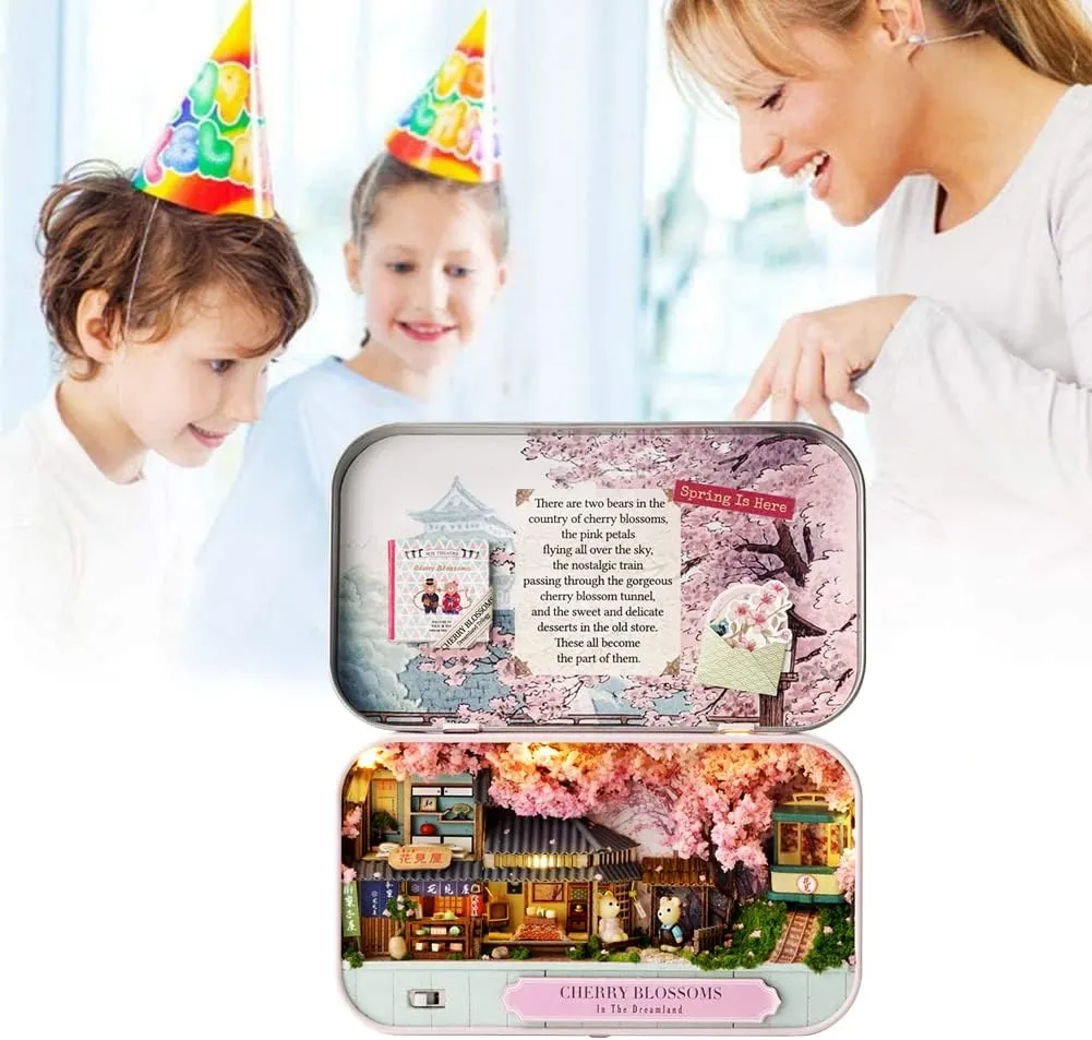 DIY Miniature Dollhouse Kit DIY Tinplate Box Miniature Landscape Tinplate Box New Box Theater Dreamland (Cherry Blossoms)