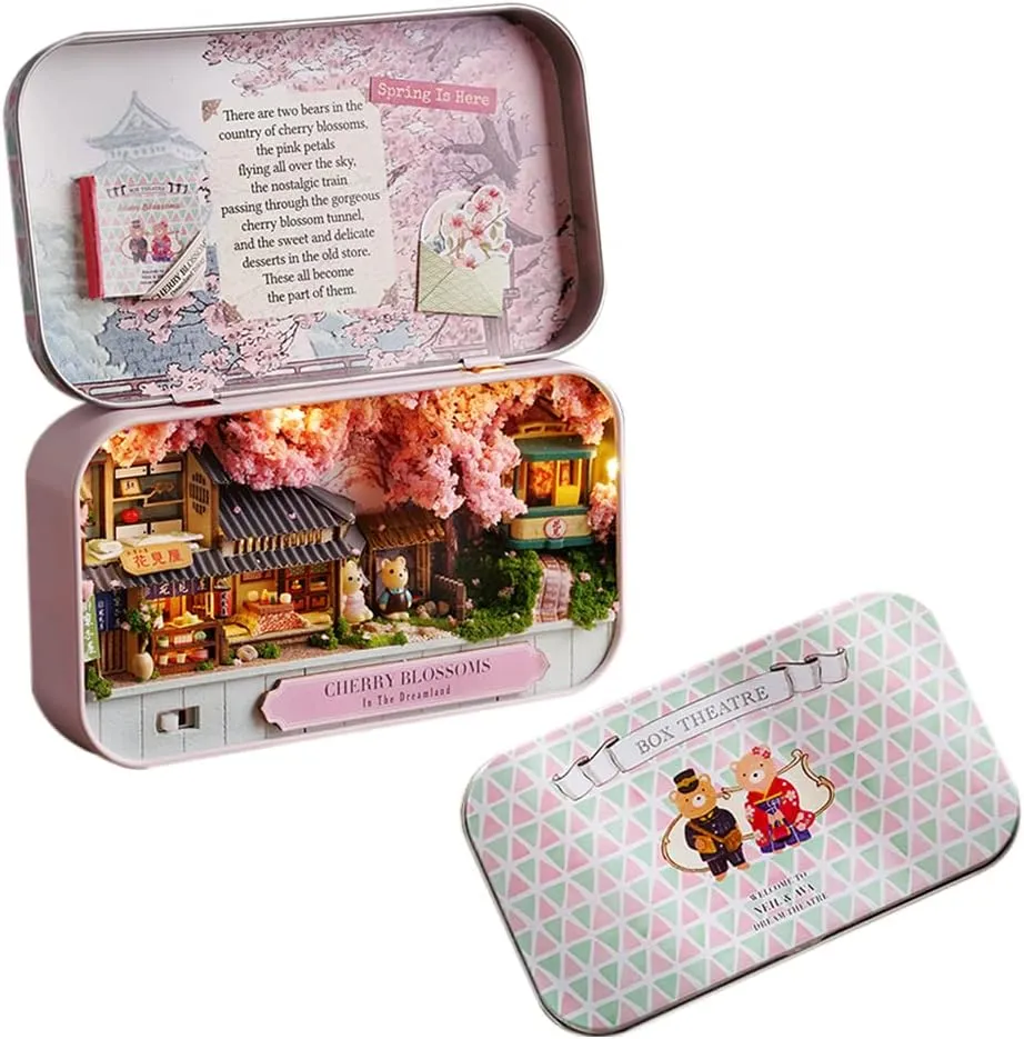 DIY Miniature Dollhouse Kit DIY Tinplate Box Miniature Landscape Tinplate Box New Box Theater Dreamland (Cherry Blossoms)
