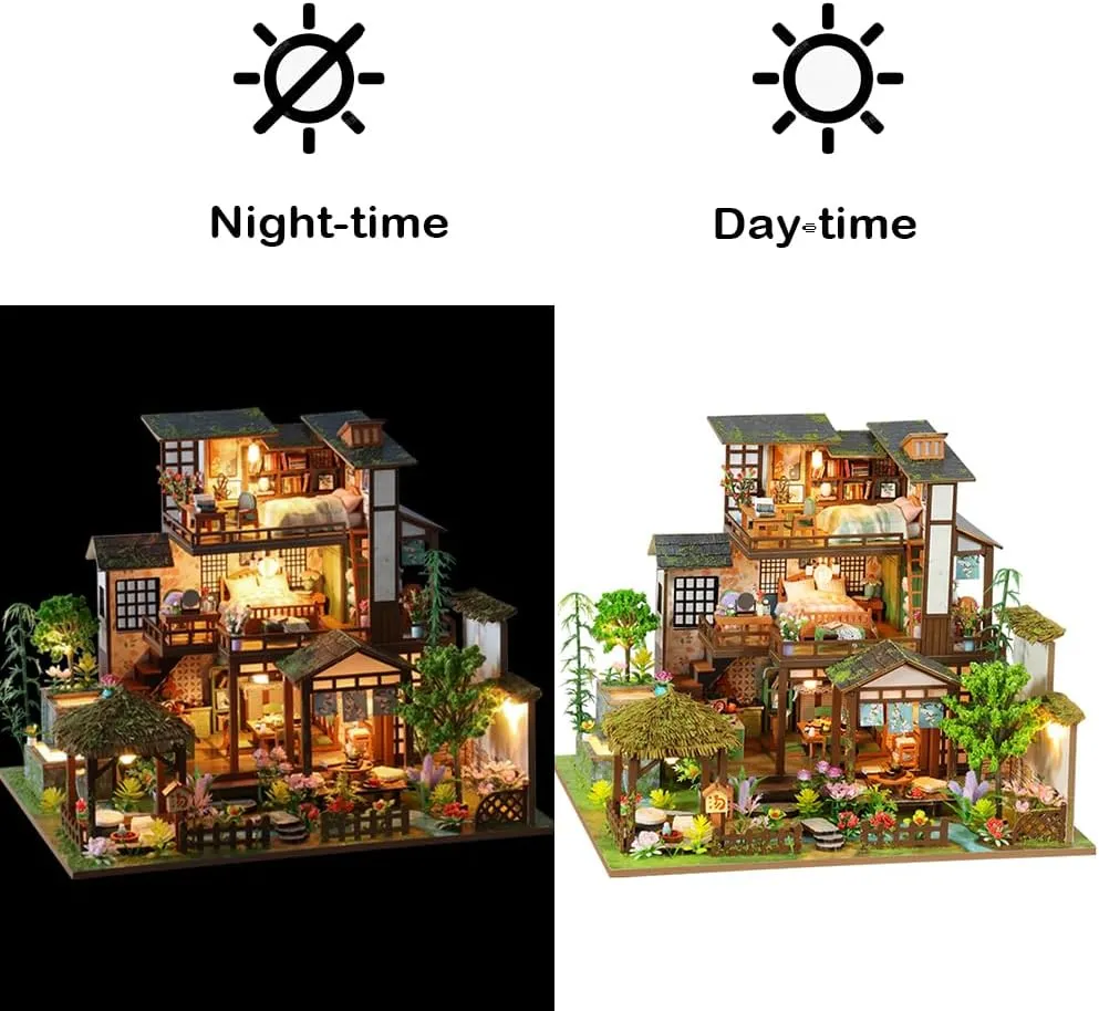 DIY Miniature Dollhouse Kit, Mini House Making Kit with Light, Tiny House Kit to Build for Adults, Hobby Craft Gift for Father's Day, Bamboo Brook Cottage
