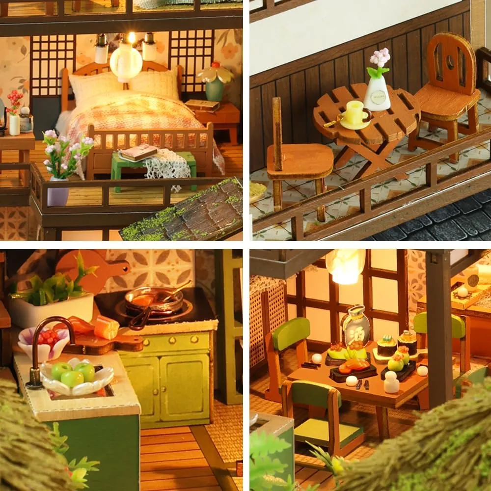 DIY Miniature Dollhouse Kit, Mini House Making Kit with Light, Tiny House Kit to Build for Adults, Hobby Craft Gift for Father's Day, Bamboo Brook Cottage
