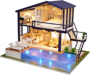 DIY Miniature Dollhouse Kit,UniHobby Time Apartment DIY Dollhouse Kit with Wooden Furniture Light Gift House Toy for Adults