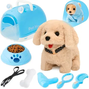 Dog Toys for Kids Girls, Walking and Barking Electronic Interactive Plush Puppy Toy Set and Pet Care Toy Set Accessories, Pretend Playset for Toddlers, Girl Role Play Gift for 3 4 5 6 Year Old
