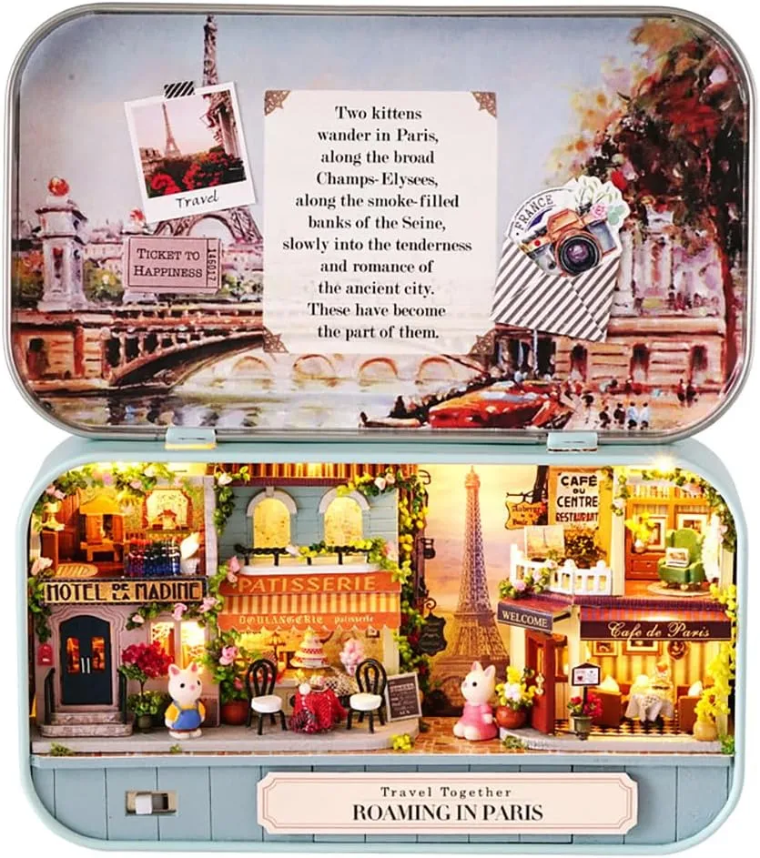 Dollhouse Miniature with Furniture,DIY Dollhouse Kit Mini Iron Box Theater,1:24 Scale Creative Room Toys Best Birthday Gift for Adults and Lover (Strolling in Paris)