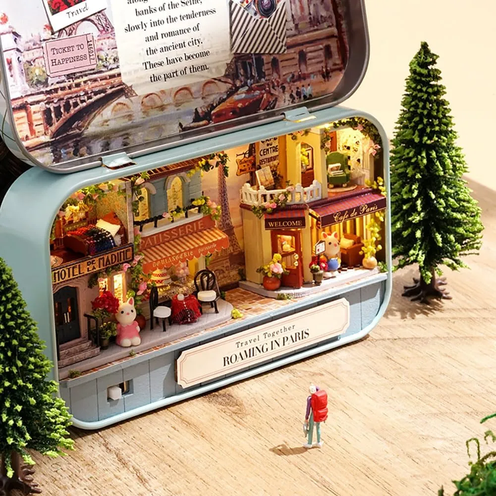 Dollhouse Miniature with Furniture,DIY Dollhouse Kit Mini Iron Box Theater,1:24 Scale Creative Room Toys Best Birthday Gift for Adults and Lover (Strolling in Paris)