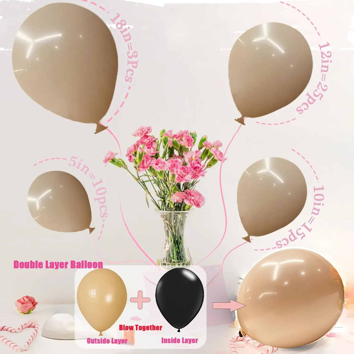 Double Stuffed Beige Balloons, Nude Beige Tan Balloon Arch,18 12 10 5 Inch Double Stuffed Apricot Brown Different Sizes for Neutral Baby Shower,Boho Party,Teddy Bear Birthday Party Decoration(Beige01)
