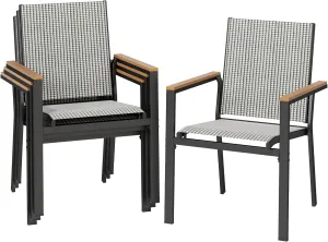 DWVO Stackable Patio Chairs Set of 4, All-Weather Patio Seating with Olefin Fabric and Faux Wood Armrests, Black & White Plaid Pattern
