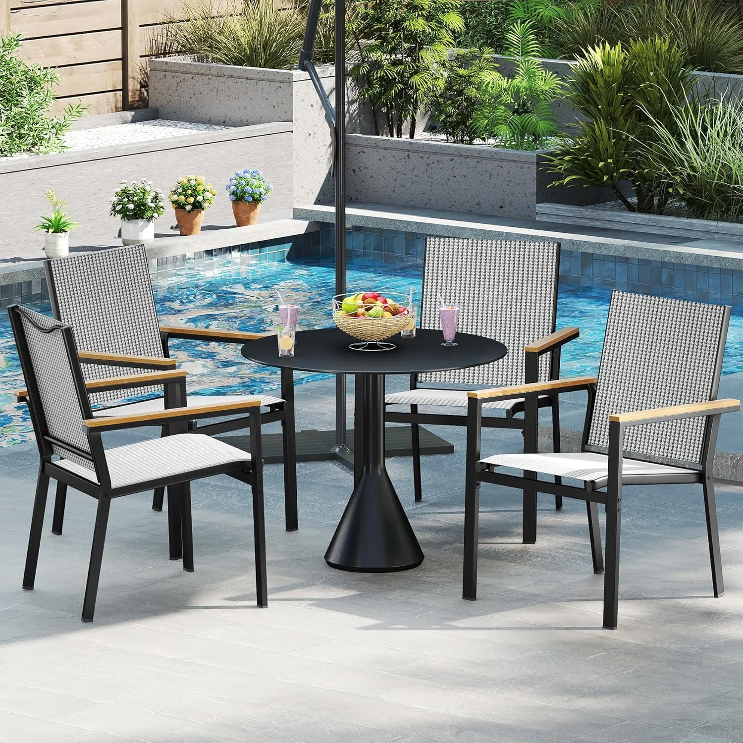 DWVO Stackable Patio Chairs Set of 4, All-Weather Patio Seating with Olefin Fabric and Faux Wood Armrests, Black & White Plaid Pattern