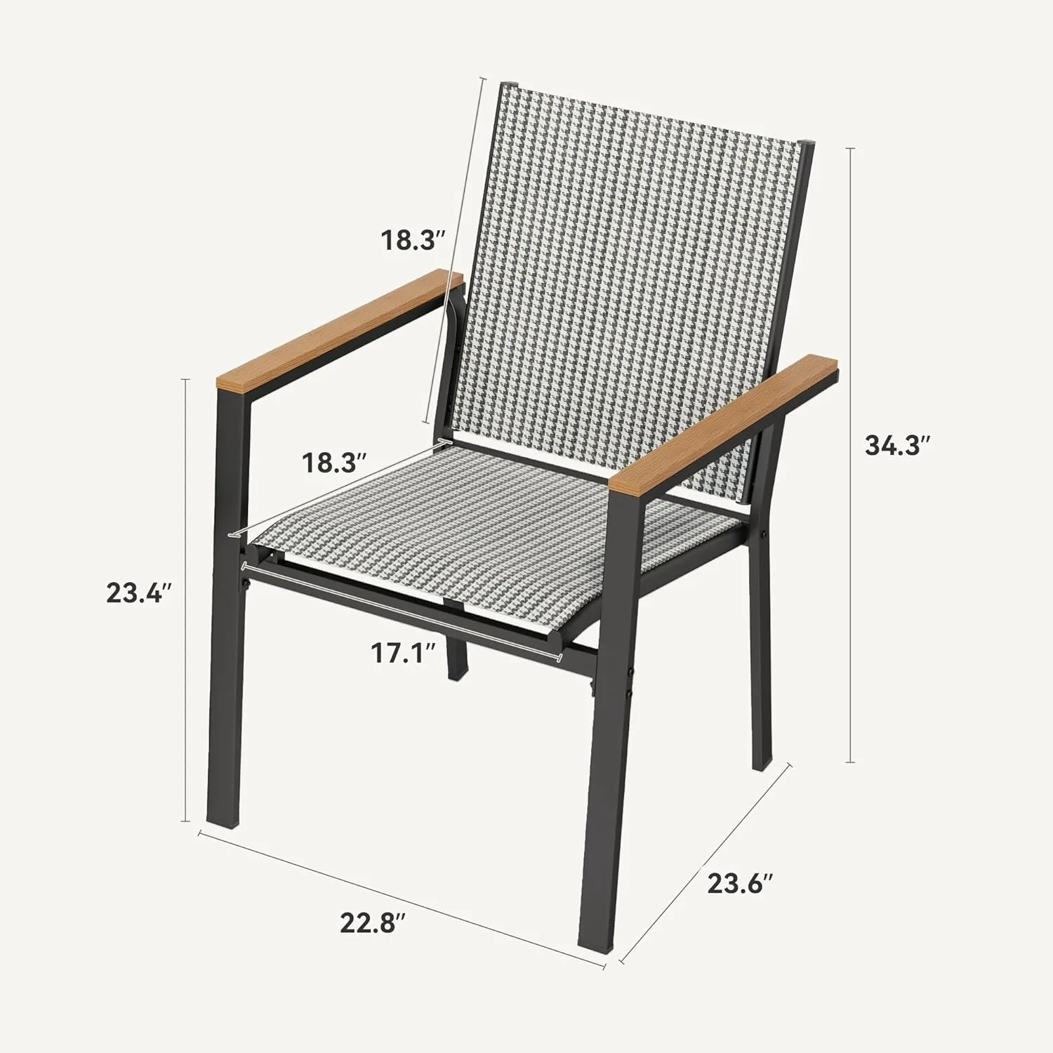 DWVO Stackable Patio Chairs Set of 4, All-Weather Patio Seating with Olefin Fabric and Faux Wood Armrests, Black & White Plaid Pattern