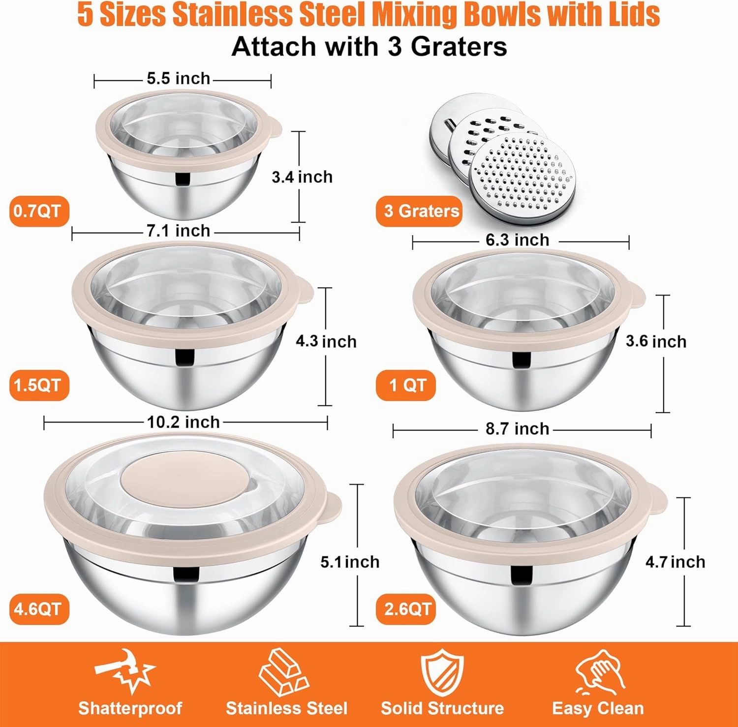 E-far Mixing Bowls Set of 5, Stainless Steel Salad Mixing Bowl with Transparent Lid, Metal Nesting Bowl Attach with 3 Graters for Kitchen Prepping/Serving/Baking/Storage, 4.6/2.6/1.5/1/0.7 QT - Khaki