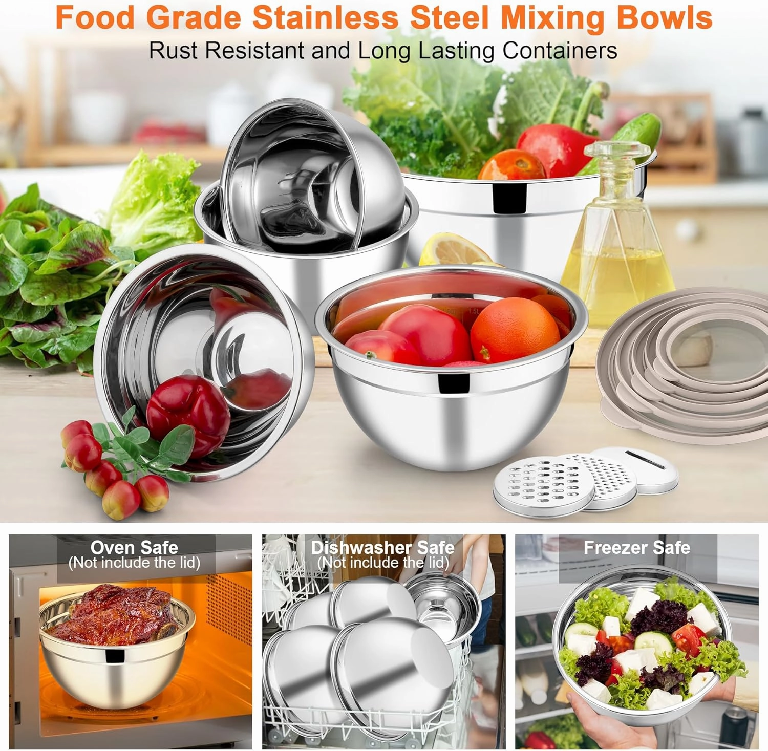 E-far Mixing Bowls Set of 5, Stainless Steel Salad Mixing Bowl with Transparent Lid, Metal Nesting Bowl Attach with 3 Graters for Kitchen Prepping/Serving/Baking/Storage, 4.6/2.6/1.5/1/0.7 QT - Khaki