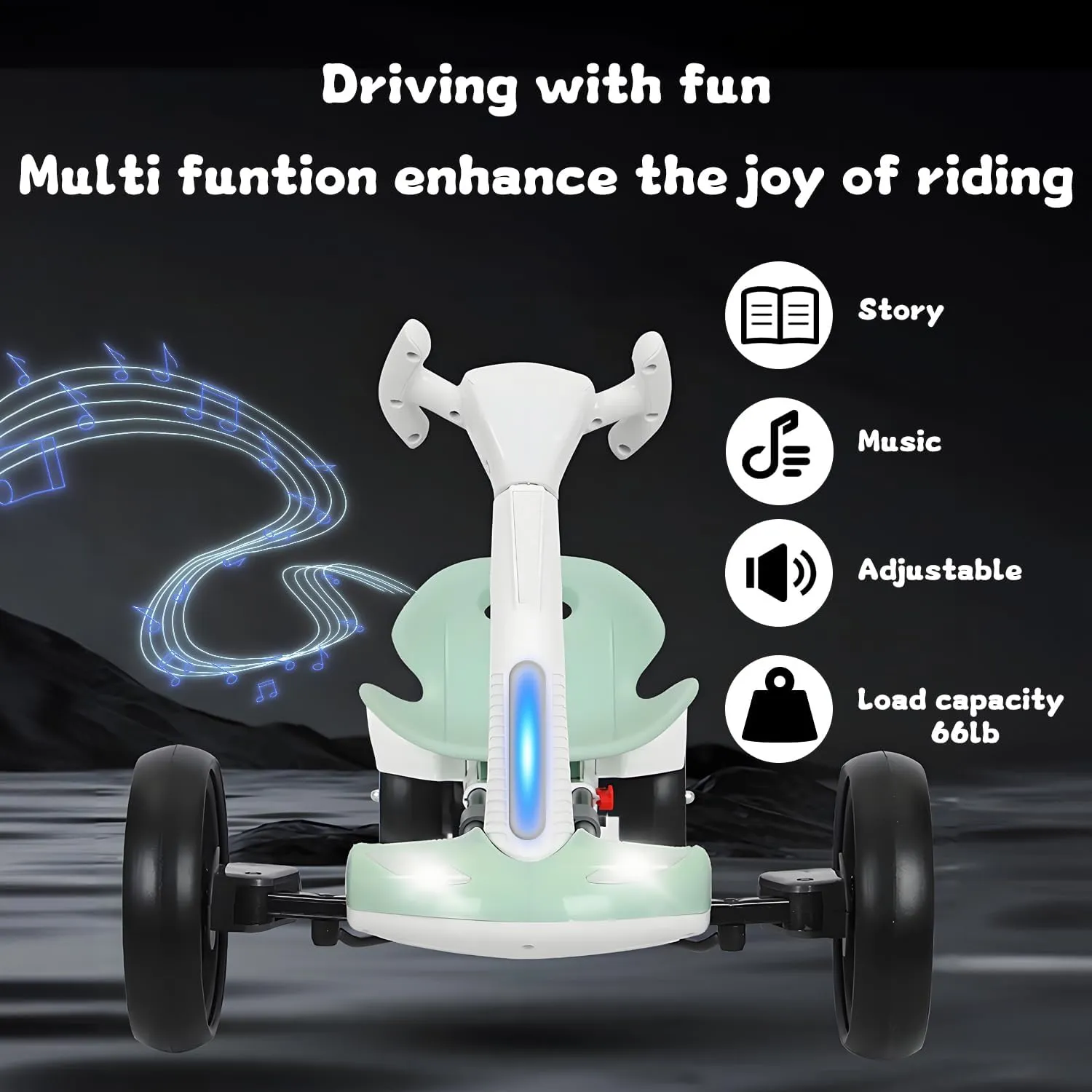 Electric Go Kart for Kids, 6V Foldable Electric Vehicles with Adjustable Seat and Steering Wheel, Music, Folding Wheel, Flashing LED Lights, Ride-On Go Cart for Boys and Girls,White