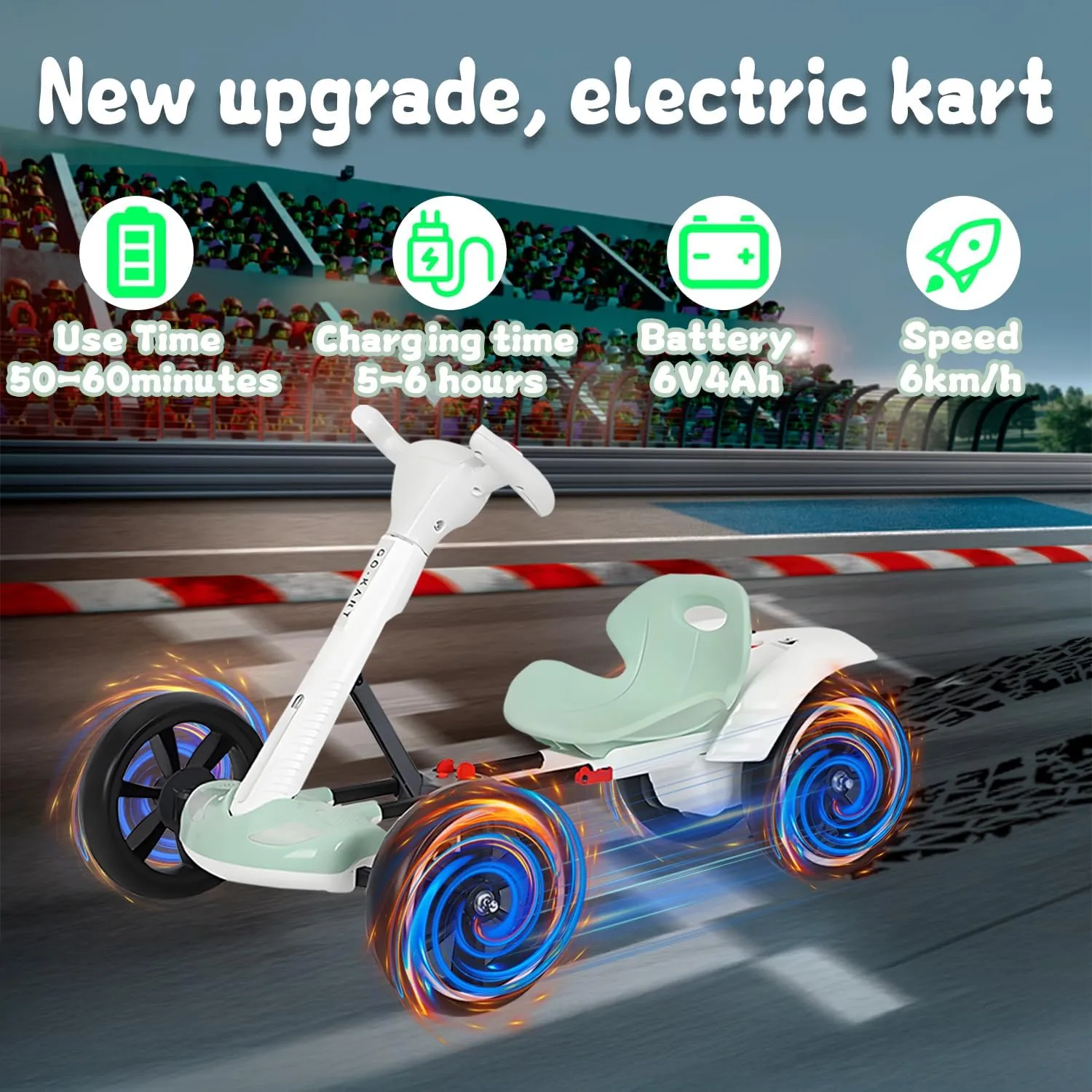 Electric Go Kart for Kids, 6V Foldable Electric Vehicles with Adjustable Seat and Steering Wheel, Music, Folding Wheel, Flashing LED Lights, Ride-On Go Cart for Boys and Girls,White