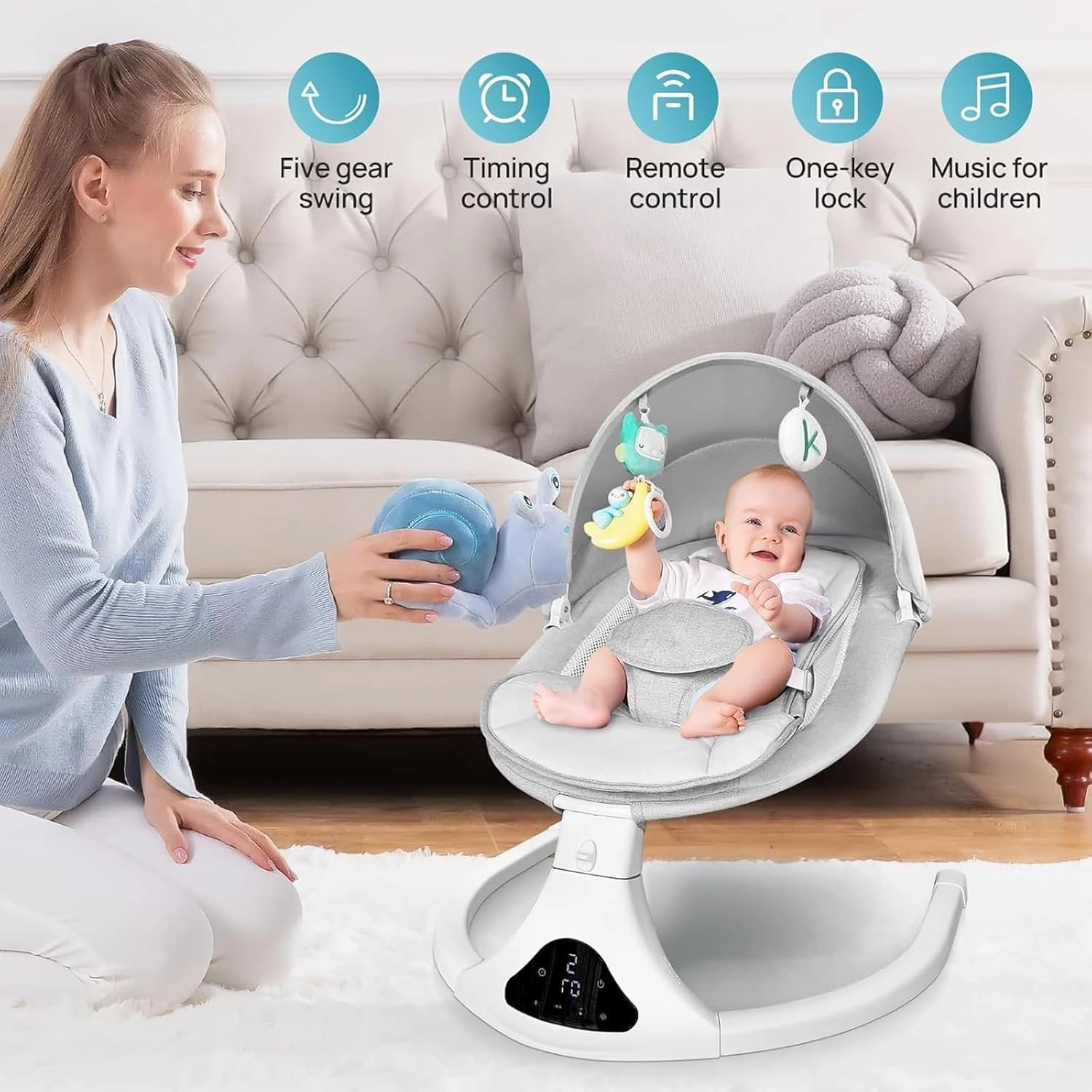 Electric Baby Swing for Infants to Toddler| Portable Infant Swing with Remote Control, Rocker with 5 Speeds, 3-Point Harness for Baby Boy Girl (Light Grey)