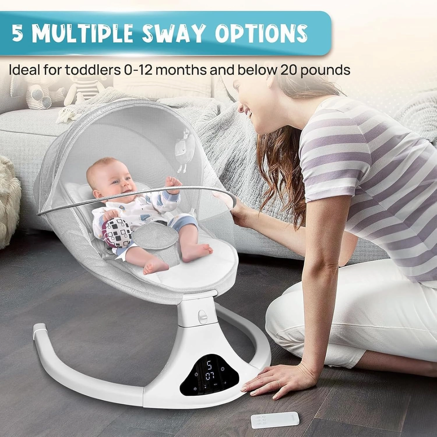 Electric Baby Swing for Infants to Toddler| Portable Infant Swing with Remote Control, Rocker with 5 Speeds, 3-Point Harness for Baby Boy Girl (Light Grey)