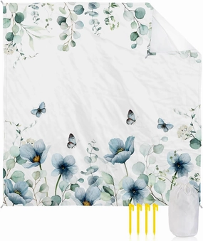 Elegant Teal Tulip Beach Blanket Large with Stakes Waterproof Sandproof Beach Mat with Corner Pockets for Outdoor Travel Camping Hiking Picnic Essentials,Rustic Chic Greenery Eucalyptus Leaves 83"x79"