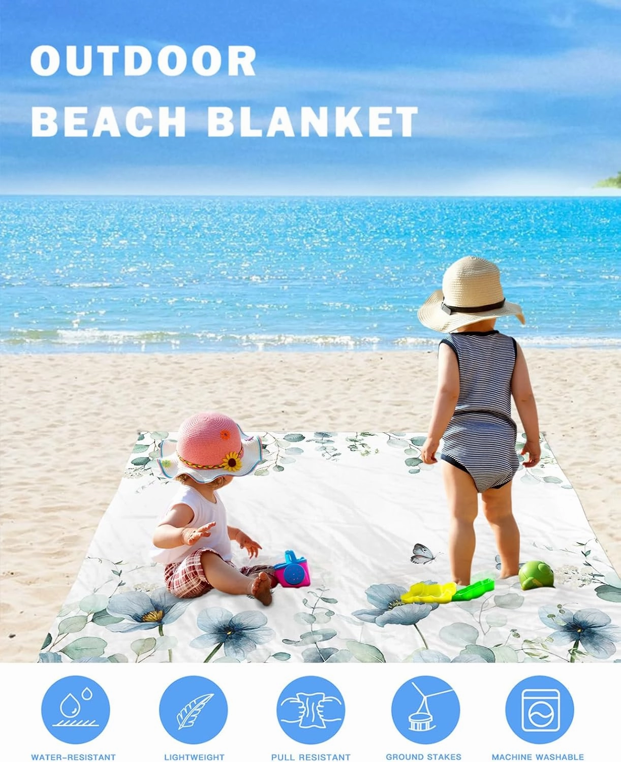 Elegant Teal Tulip Beach Blanket Large with Stakes Waterproof Sandproof Beach Mat with Corner Pockets for Outdoor Travel Camping Hiking Picnic Essentials,Rustic Chic Greenery Eucalyptus Leaves 83"x79"