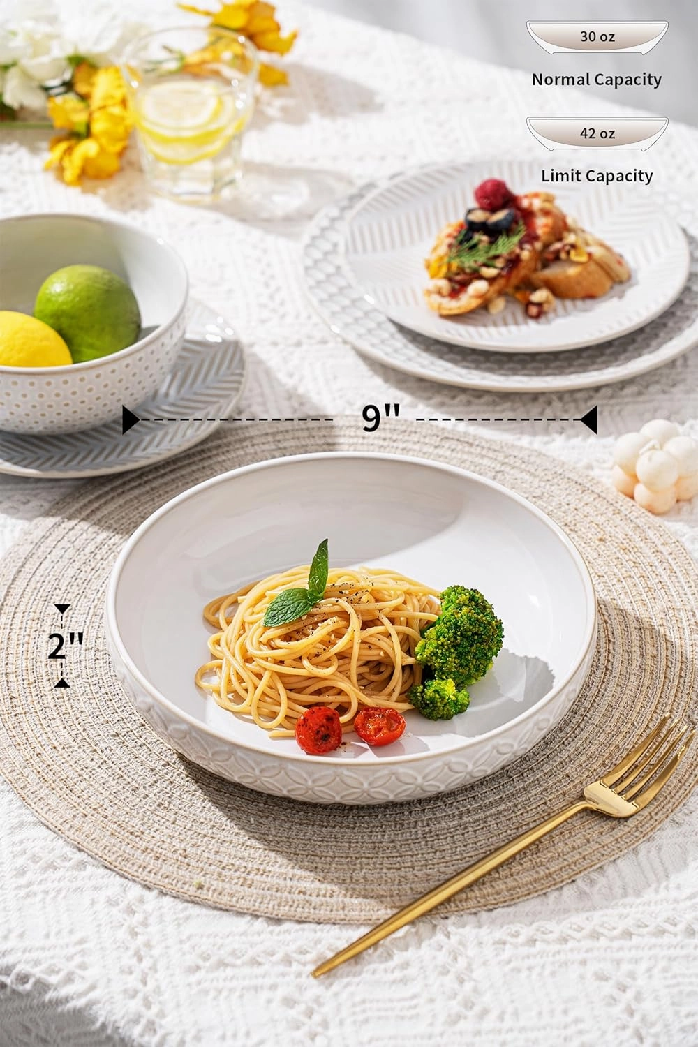 Embossed Ceramic Pasta Bowls, 42 oz Bowl Plates Set,9-Inch Large Serving Bowls Set of 4, Perfect for Pasta, Salad, Fruit, Sturdy&Stackable, Microwave & Dishwasher Safe