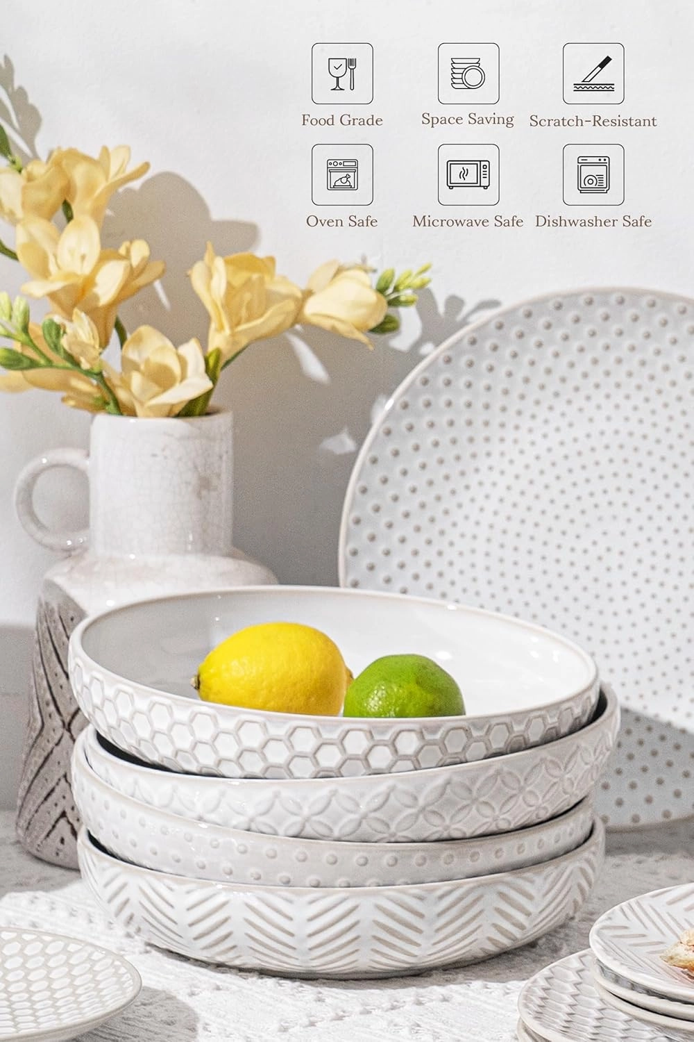 Embossed Ceramic Pasta Bowls, 42 oz Bowl Plates Set,9-Inch Large Serving Bowls Set of 4, Perfect for Pasta, Salad, Fruit, Sturdy&Stackable, Microwave & Dishwasher Safe