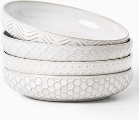 Embossed Ceramic Pasta Bowls, 42 oz Bowl Plates Set,9-Inch Large Serving Bowls Set of 4, Perfect for Pasta, Salad, Fruit, Sturdy&Stackable, Microwave & Dishwasher Safe