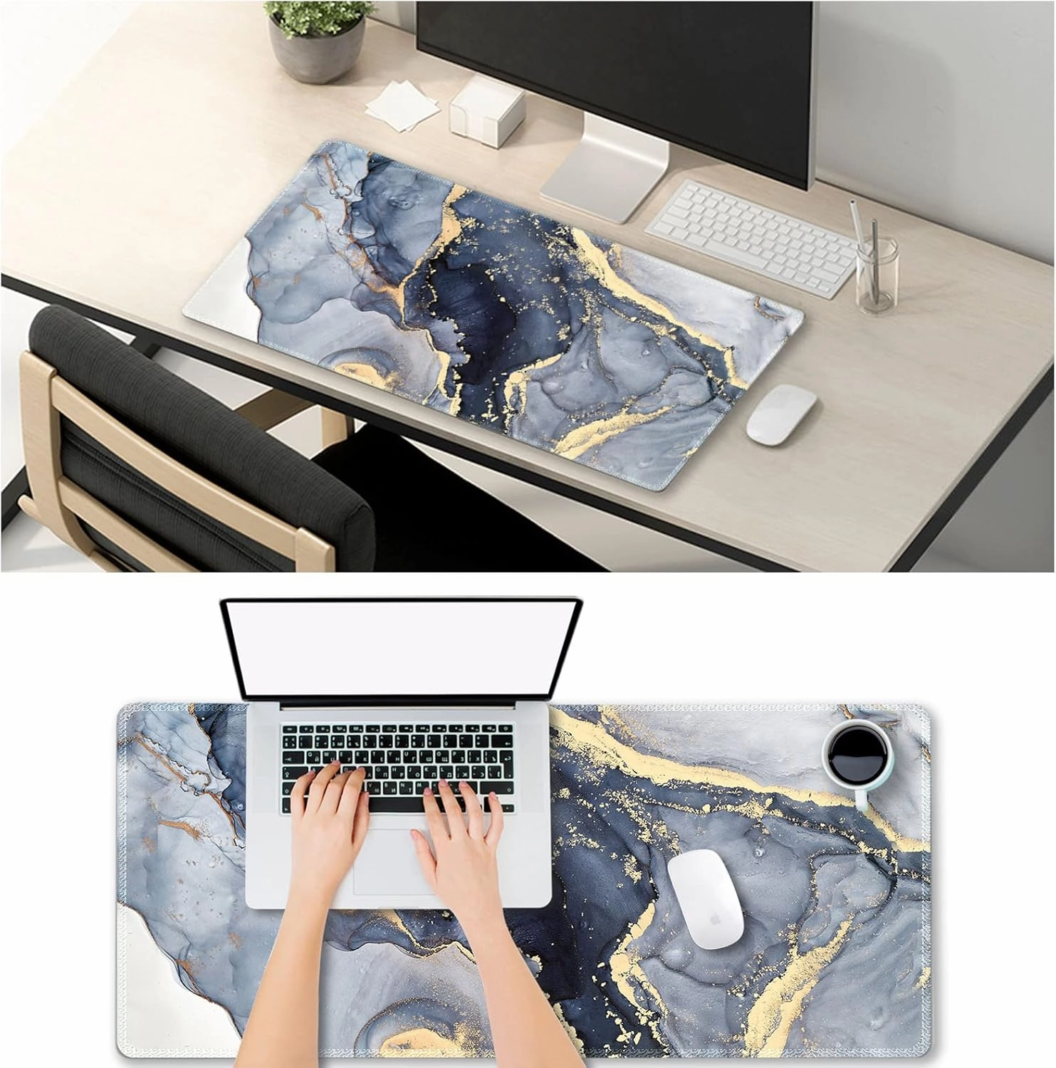 Extended Gaming Mouse Pad XXL ArtSo Large Keyboard Mat Long Mousepad Desk Decor Writing Pad Non Slip Rubber Base Stitched Edges for Work, Game, Office, Home, 35.1" x 15.7", Gilt Marble
